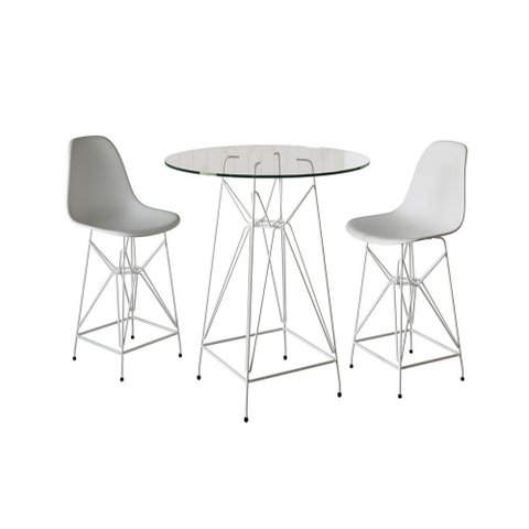 Jogo Mesa Bistrô Eames Eiffel Vidro 60cm 2 Banquetas Branca Base Ferro Branco - Cor: Branco
