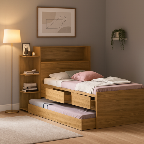 Cama de Solteiro com Auxiliar Isa Nature de Mdf com Duas Gavetas Baú e Nichos