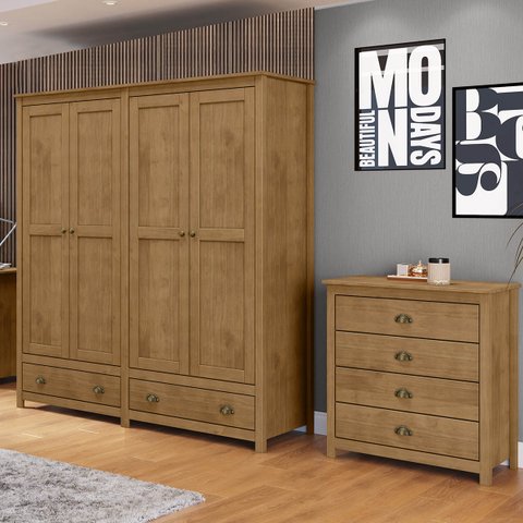 Conjunto Quarto: Guarda-roupa 4 Portas, Cômoda 4 Gavetas Topázio Freijó Madeira Pinus - Finestra