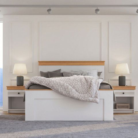 Conjunto Cama de Casal e 2 Mesas de Cabeceira England em MDF Branco/Freijó