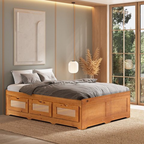 Cama Queen 6 Gavetas Madeira Maciça Castanho Claro