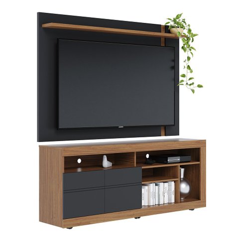 Conjunto Painel de Tv Brusque + Bancada Rack Gramado para Sala de Estar Tv até 70" Noce Milano/ Pret