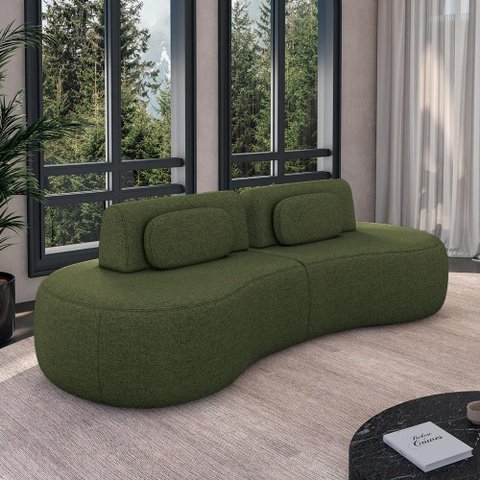 Sofá Sala de Estar Modulado França 240cm Encosto Articulável com Almofadas Linho Verde G45 - Gran Be
