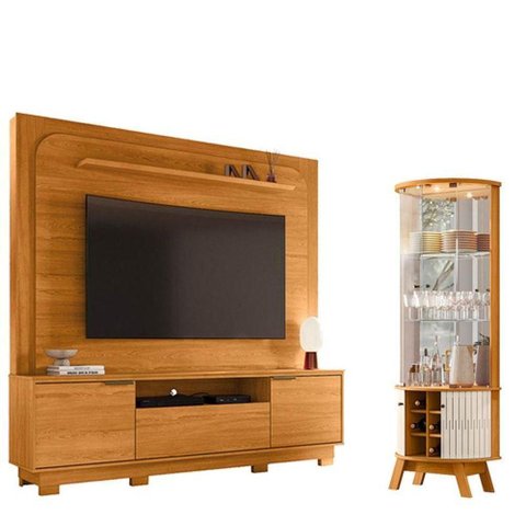 Estante Home Theater Nilo com Pés Cinamomo com Cristaleira Marina Cinamomo Off White - Madetec