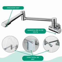 Torneira de Parede Modelo Articulavél Cor Cromada Brilhante para Cozinha Banheiro Lavanderia com Gir - 4