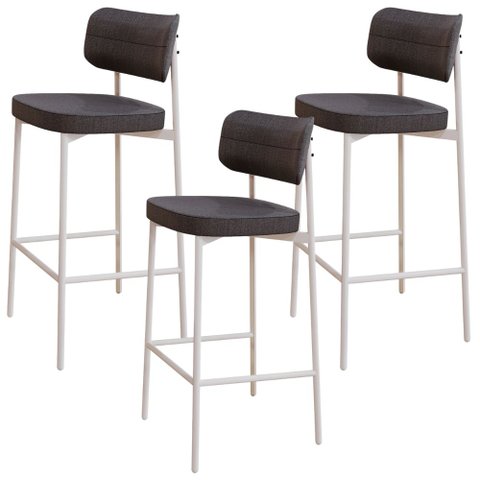 Kit 03 Banquetas Alta Bar Cozinha Sala de Jantar Aço Branco Kaira C01 Linho Preto - Lyam Decor