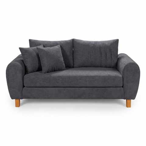 Sofa Living 185cm Tecido Boucle Almofadas Soltas Pes em Madeira: Cinza