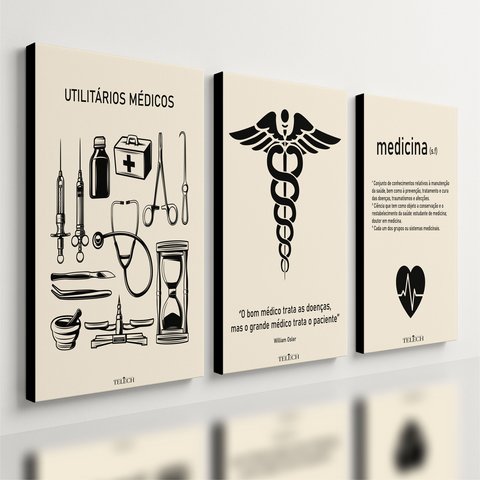 Kit 3 Quadro Decorativo Medicina Minimalista Consultório 28x20cm