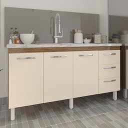 Balcão Cozinha Armário Gabinete para Pia 157 Cm 3 Portas e 3 Gavetas Estela Savana Off White - 3