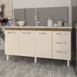 Balcão Cozinha Armário Gabinete para Pia 157 Cm 3 Portas e 3 Gavetas Estela Savana Off White - 2