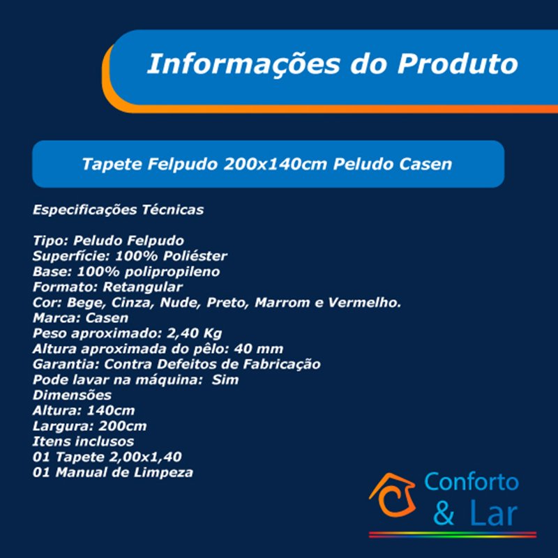 Tapete para Sala Felpudo 200x140cm Preto Peludo 40mm Casen - 6