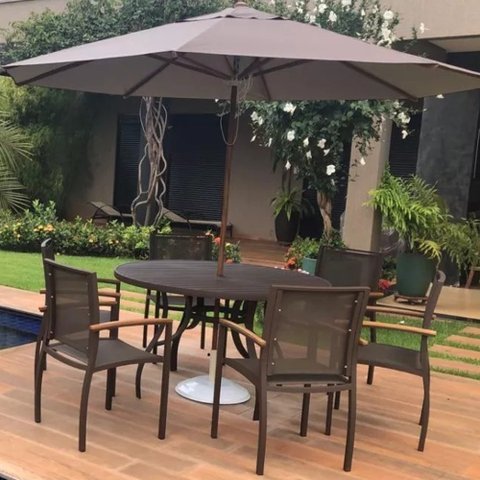 Jogo Conjunto de Mesa 6 Cadeiras de Alumínio com Guarda Sol