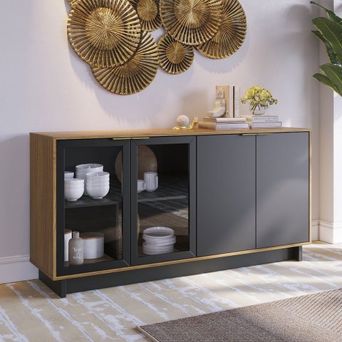 Balcão Buffet Vitória com 02 Portas e 02 Portas de Vidro Noce Milano Preto Fosco Colibri