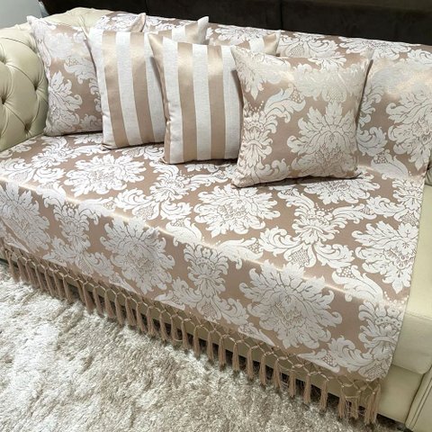 Kit 1 Manta Medalhão e 4 Capas de Almofadas Bege Cobre 45cmx45cm