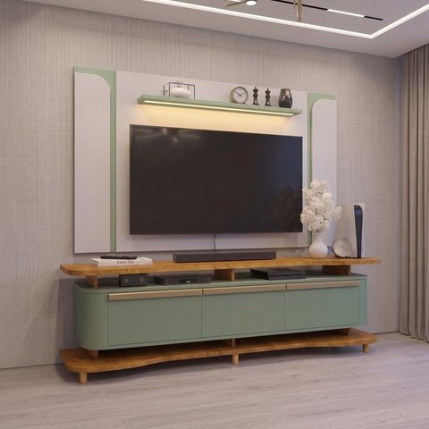 Rack com Painel para TV até 75 Polgadas com LED Pés Madeira Maciça Guarapari Espresso Moveis