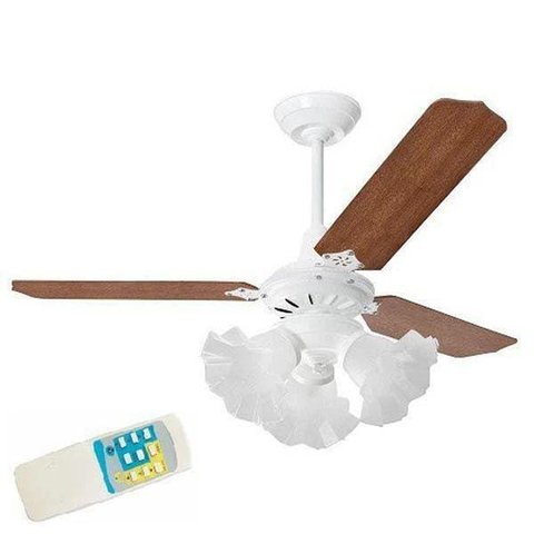 Ventilador de Teto 3 Lâmpadas Tulipa Branco Loren Sid Pás Mogno com Controle Remoto - 220V