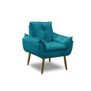 Poltrona para Sala Decorativa Opala Pés Madeira Suede Azul Turquesa Império Decor