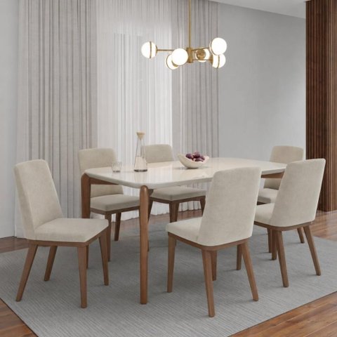 Conjunto de Jantar Mesa c/Vidro Donatella 6 Cadeiras Kalina - Soft Palha