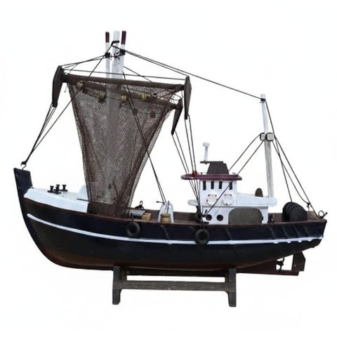 Barco Pesqueiro Decorativo 30 Cm - em Madeira Azul Escuro 30 X 26 Cm