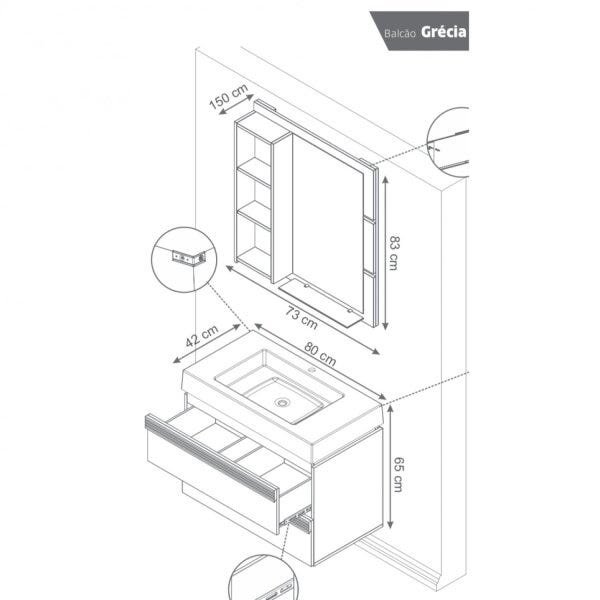 Conjunto para Banheiro Gabinete 2 Gavetas com Cuba e Espelheira Grécia Balcony - 4