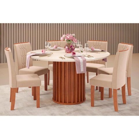 Sala de Jantar Completa Viena Tampo Madeirado C/ Vidro 136cm e 6 Cadeiras Zoe Freijo/off White -