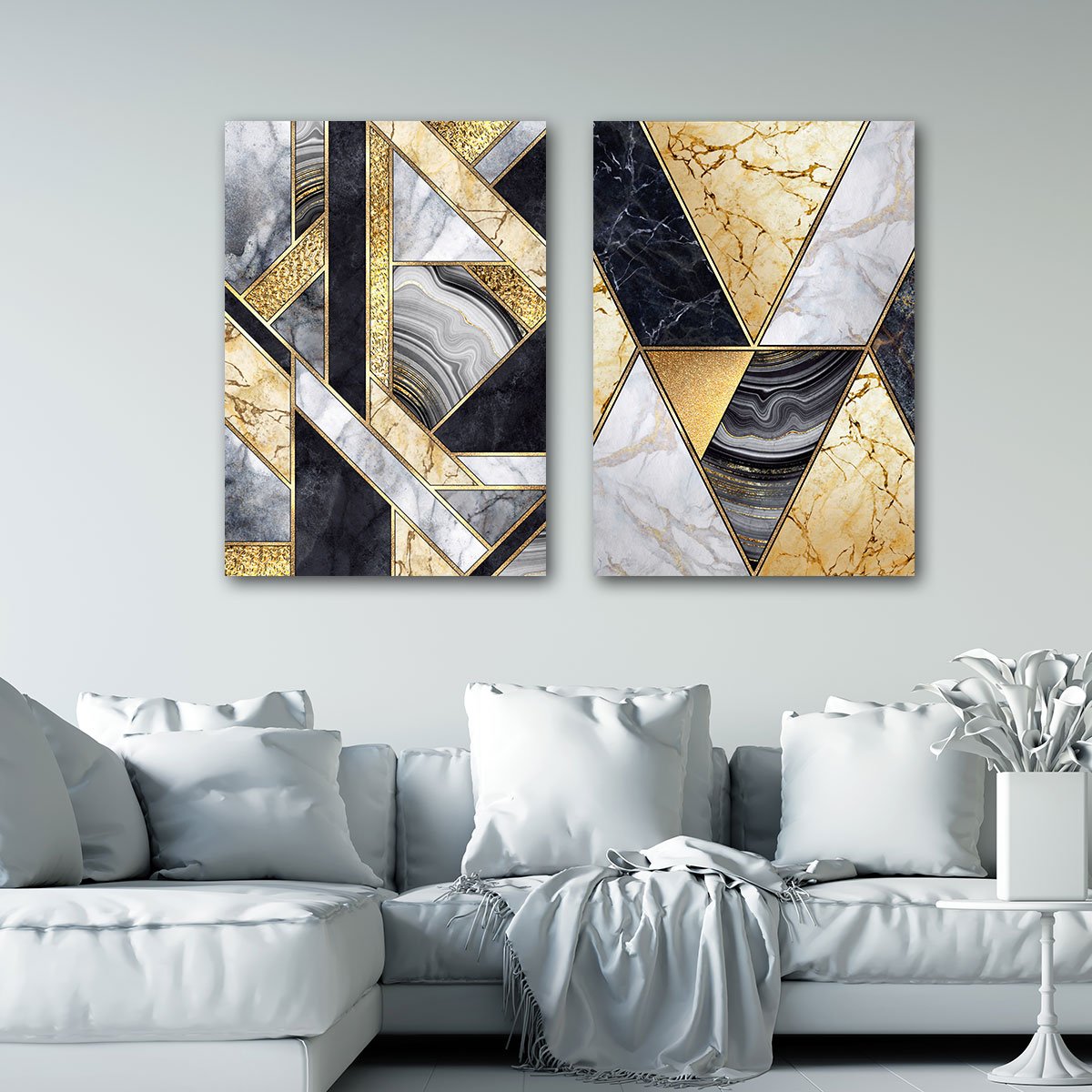 Conjunto Quadros Decorativos para Sala Quarto Geométricos Dourado em Tecido Canvas - 3