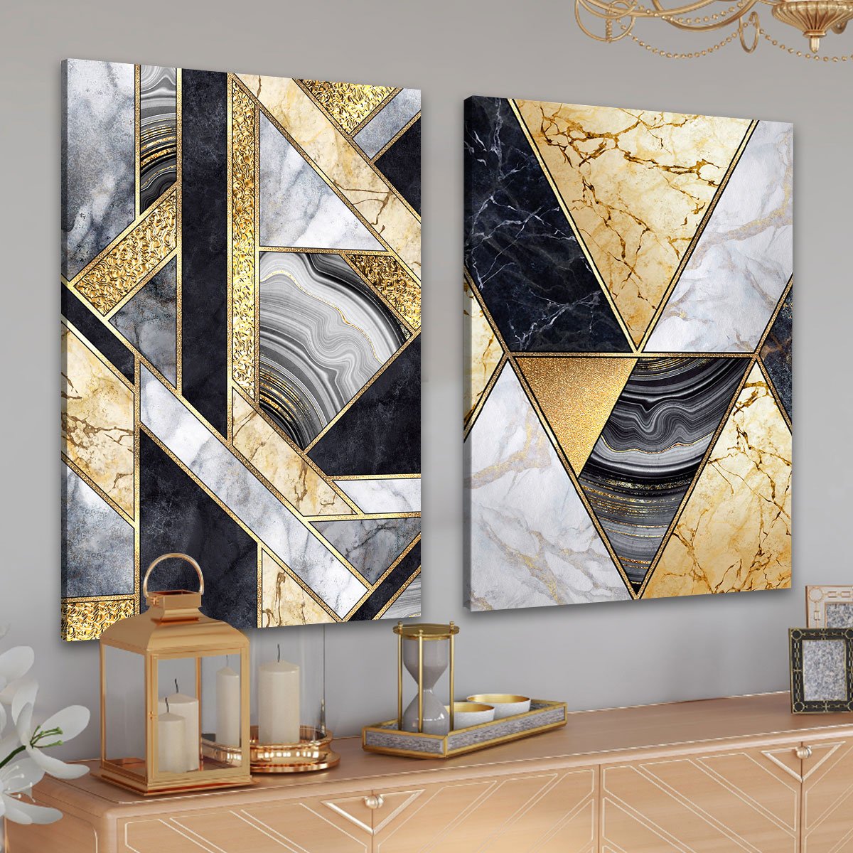 Conjunto Quadros Decorativos para Sala Quarto Geométricos Dourado em Tecido Canvas