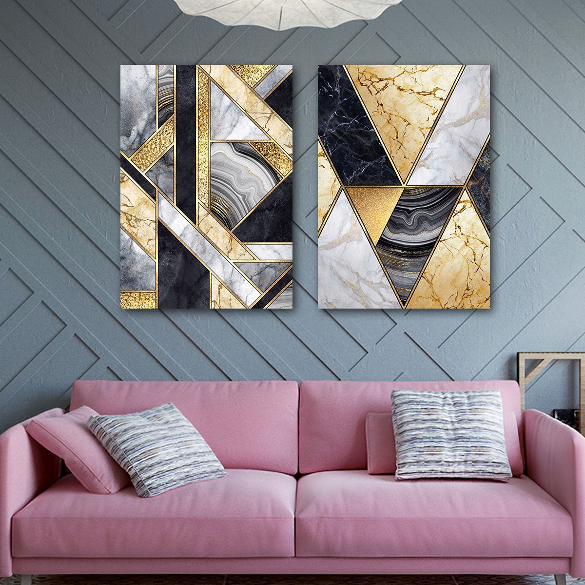 Conjunto Quadros Decorativos para Sala Quarto Geométricos Dourado em Tecido Canvas - 2