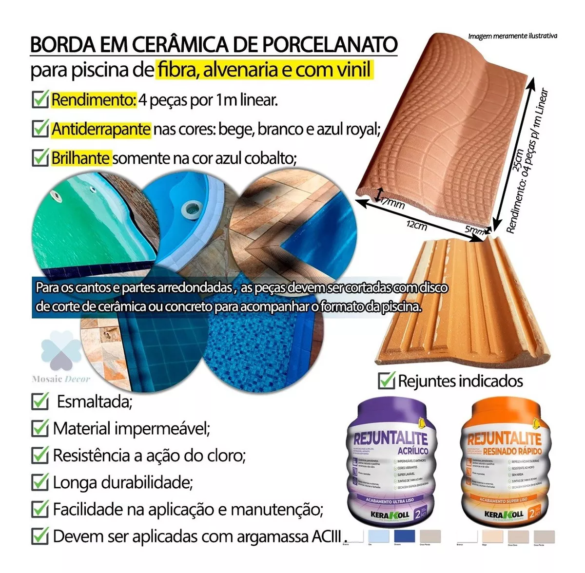 Kit 4 Bordas P/ Piscina Mosaico Branco 12x25 1m Linear - 2