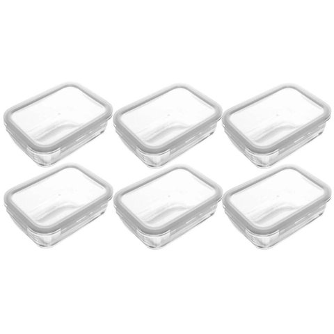 Jogo 6 Potes Herméticos Vidro com Tampa 640ml Lyor Transparente 17cm Retangular Cozinha
