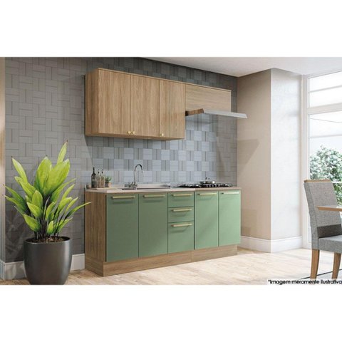 Cozinha Completa Botanic 5 Peças (2 Armários + 2 Balcões + 1 Complemento) M665 Nogueira/verde