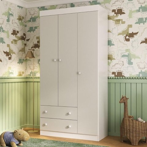 Guarda-roupa Infantil 92cm 3 Portas e 2 Gavetas Encanto Multimóveis Mp4447 Branco/off White