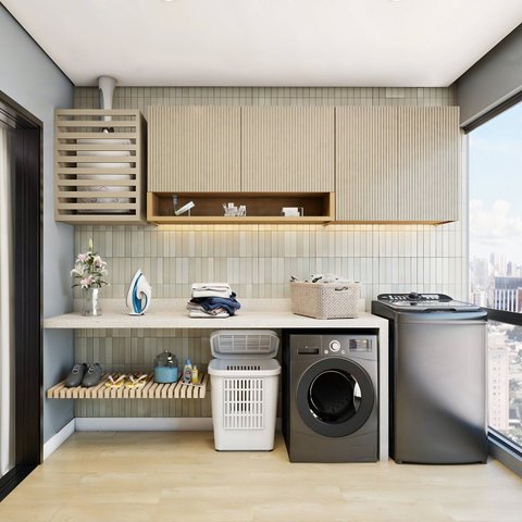 Lavanderia Modulada 2 Peças 4 Portas Simone Mendes Marrom/Carvalho/Greige