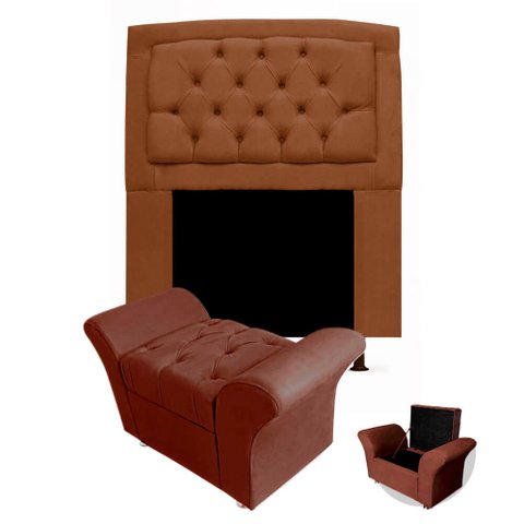 Kit Cabeceira Geovana + Calçadeira Baú Veneza Solteiro 100cm Suede - Renascer Decor:Marrom