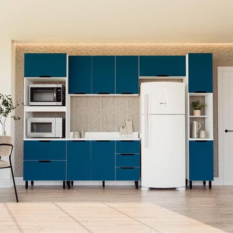 Cozinha Meena 5 Peças Armários Aéreos Torre Quente Paneleiro Balcão Tampo Branco/Azul 250068