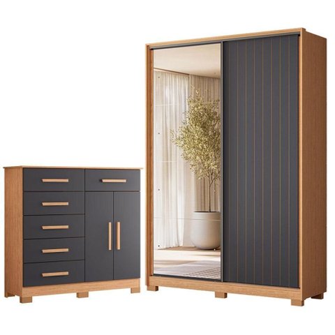 Guarda Roupa Solteiro Frizatto 2 Portas de Correr com Espelho 3 Gavetas MDP Cômoda Xangai Freijo