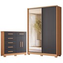 Ver imagem 1 de Guarda Roupa Solteiro Frizatto 2 Portas de Correr com Espelho 3 Gavetas MDP Cômoda Xangai Freijo