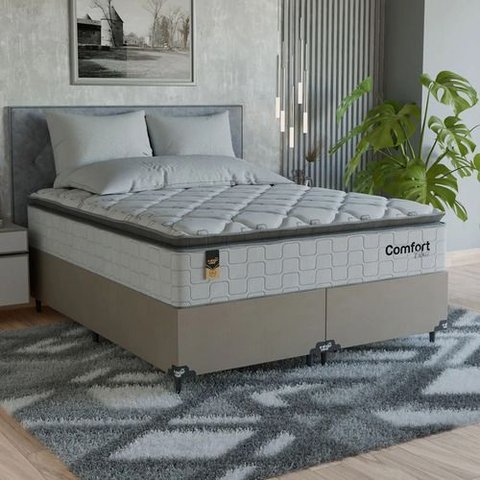 Cama Box Queen + Colchão Comfort Class Pillow Top 158x198cm Branco/suede Bege