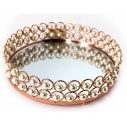 Bandeja Redonda Espelhada em Metal com Pérolas 22cm Rose - 1