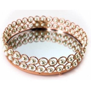 Bandeja Redonda Espelhada em Metal com Pérolas 22cm Rose