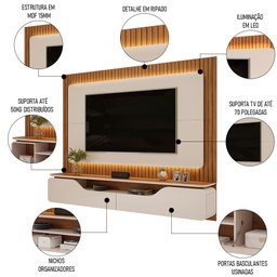 Painel Ripado para Tv 70 Pol com Bancada Suspensa 210cm Trevis D04 Off White/freijó - Mpozenato - 3