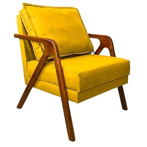 Poltrona Marília Madeira Maciça - Veludo Amarelo