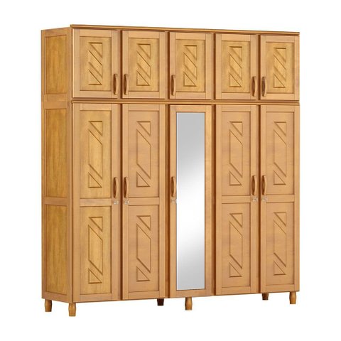 Guarda-Roupa Grécia Casal Mel 10 Portas Espelho 3 Gavetas Maleiro Madeira Maciça de Pinus - Cavazott