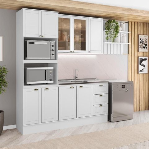 Cozinha Completa com Balcão Milla Harbor 9 Portas 3 Gavetas MDF 270cm Branco
