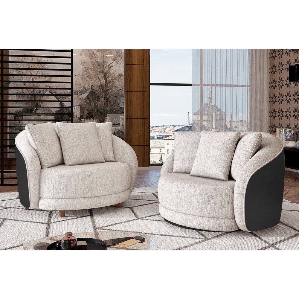 Poltrona Giratória 122cm Mercy Pu Preto | Linho Off White com Bege - Sallar Home - 2