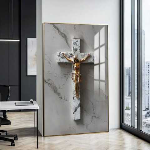Quadro Crucifixo Jesus: Moldura Dourada Canvas com Vidro/ 60x90