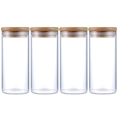 Kit 4 Potes Herméticos Vidro Tampa Bambu 15 X 6,5 Cm 400ml