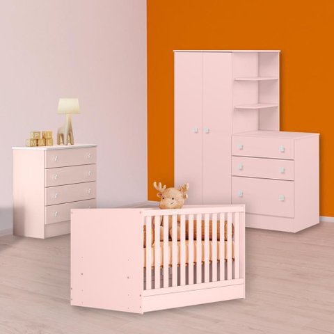 Conjunto Berço Mini Cama, Cômoda e Guarda Roupa C/ Cômoda Rosa