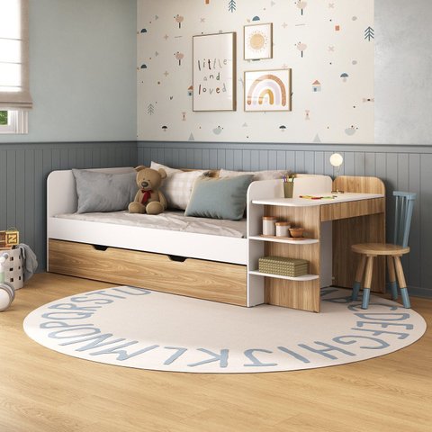 Cama de Solteiro Funcional Infantil com Escrivaninha e Cama Auxiliar 100% MDF Premium Helena Marrom/Branco/Louro Freijó Grann