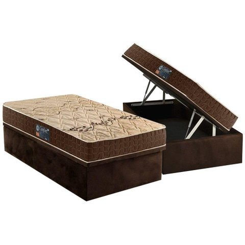 Cama Box Baú Solteiro: Colchão Espuma Anjos D28 Confort + Base Crc Suede Brown(88x188)